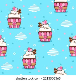 Cute cupcake cloud cartoon vector pattern background.