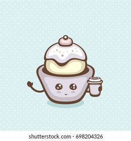 Cute cupcake with coffee. Vector illustration. Sweet collection. Design for menu and logo.