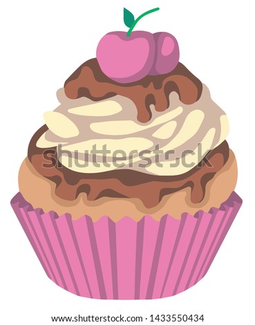 Cute cupcake with cream, chocolate and cherry topping in pink baking cup vector drawing
