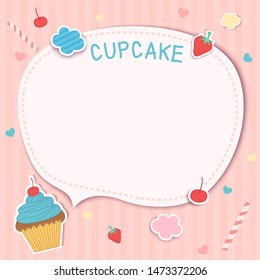 Cute cupcake design with babble frame on pink background.