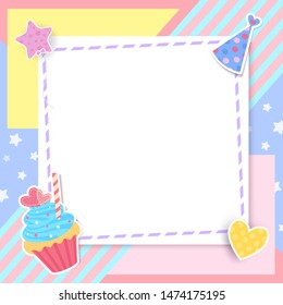 Cute cupcake design with frame on pastel pattern background.