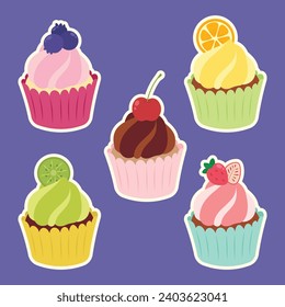 Cute Cupcake designs decoration fruit. Simple colorful vector cupcakes designs for holiday, celebration, party