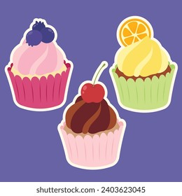 Cute Cupcake designs decoration fruit. Simple colorful vector cupcakes designs for holiday, celebration, party