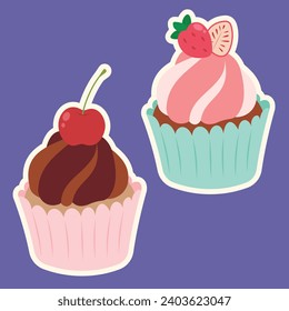 Cute Cupcake designs decoration fruit. Simple colorful vector cupcakes designs for holiday, celebration, party