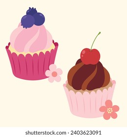 Cute Cupcake designs decoration fruit. Simple colorful vector cupcakes designs for holiday, celebration, party