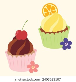 Cute Cupcake designs decoration fruit. Simple colorful vector cupcakes designs for holiday, celebration, party