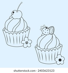 Cute Cupcake designs decoration fruit. Simple colorful vector cupcakes designs for holiday, celebration, party