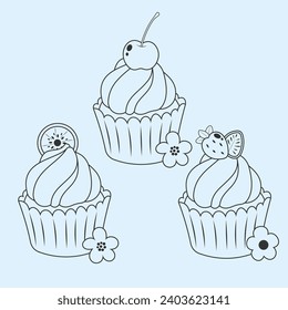 Cute Cupcake designs decoration fruit. Simple colorful vector cupcakes designs for holiday, celebration, party