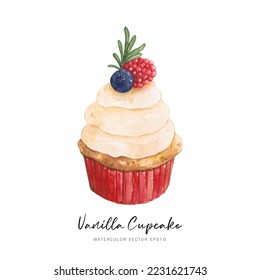 Cute cupcake dessert with berries, watercolor vector isolated on white background