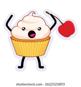 Cute cupcake dessert character with smiling face with cherry isolated on white background. Fun and sweet bakery mascots. Vector illustration