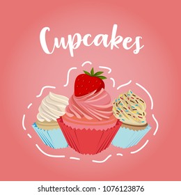 Cute cupcake display illustration suitable for menu design. Three cupcakes on pink background