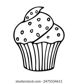 Cute cupcake in doodle style without filling with decorative cream and sprinkles. Hand draw vector food illustration for posters design. Isolated on white background.