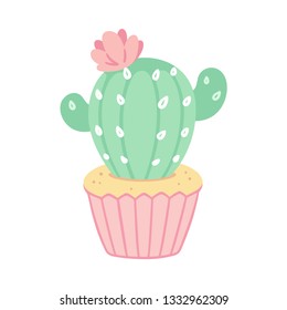 Cute cupcake drawing with cactus decoration. Desert dessert vector illustration.