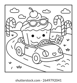 Cute Cupcake Driving a Car – Fun Kawaii Coloring Page for Kids