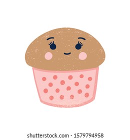 Cute cupcake flat vector illustration. Creamy dessert cartoon character. Funny smiling muffin. Sweet kawaii cake isolated on white background. Delicious chocolate snack, tasty pastry treat.