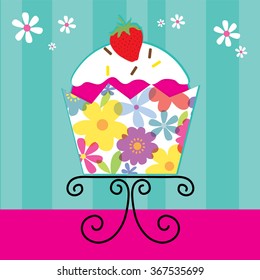 cute cupcake with flowers on cup design