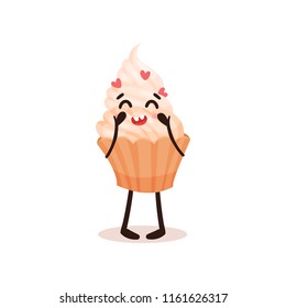 Cute cupcake with funny face, humanized dessert cartoon character vector Illustration on a white background