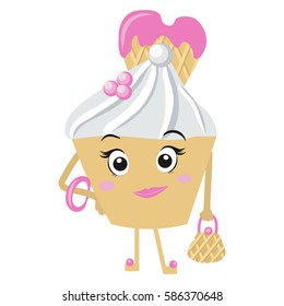 Cute cupcake girl and a bag of waffles. Cartoon. Can be used for invitations, greeting cards, children's stickers and printing on clothing. Vector illustration.