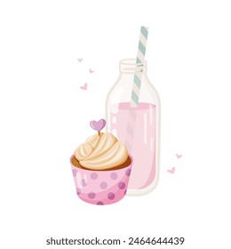 Cute cupcake with heart with bottle of milkshake. Flat style vector illustration on white background.