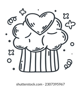 Cute cupcake with heart doodle style. Muffin with cream ink hand engraving. Sweet pastries sketch, isolated vector