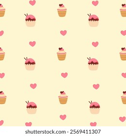 Cute cupcake and heart pattern on a soft background, featuring delightful pink hearts and charming cupcakes, perfect for creating sweet and playful design projects