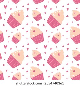 Cute cupcake and heart pattern with pink icing and sprinkles on white background.