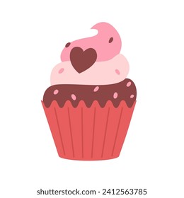 Cute cupcake with heart vector Illustration. Sweet muffin on a white background. Valentine's day. Perfect for greeting cards, postcard, invitation. 