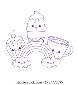 süße Kucheneis-Kaffeetasse und Regenbogen-Karikatur auf Kawaii, Vektorgrafik