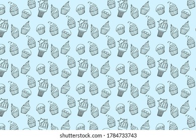 cute cupcake and ice cream hand drawn doodle seamless pattern on blue background