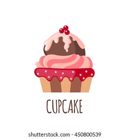 Cute cupcake icon in flat style isolated on white background. Vector illustration