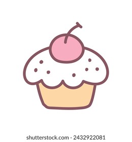 
Cute cupcake icon. Hand drawn illustration of a creamy dessert with a cherry isolated on a white background. Kawaii sticker. Vector 10 EPS.