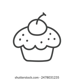 Lindo icono de magdalena. Ilustración monocromática dibujada a mano de un postre cremoso con una cereza aislada sobre un fondo blanco. Etiqueta Kawaii. Vector 10 EPS.