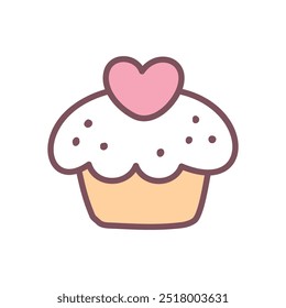 Cute cupcake icon. Hand drawn illustration of a creamy dessert decorated with a heart isolated on a white background. Kawaii St. Valentine day sticker. Vector 10 EPS.