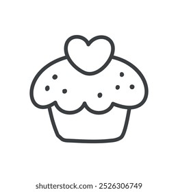 Cute cupcake icon. Hand drawn monochrome illustration of a creamy dessert decorated with a heart isolated on a white background. Vector 10 EPS.
