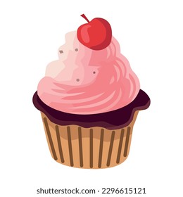 Cute cupcake icon with pink strawberry icing isolated