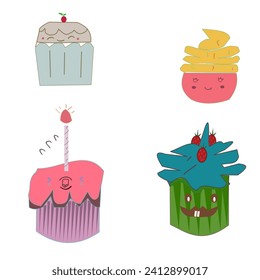 süße Cupcake-Symbole mit unterschiedlichen Ausdrücken 
