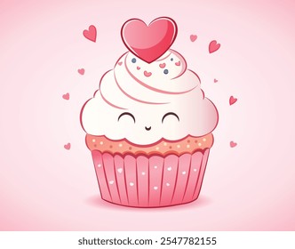 Linda ilustración de cupcake con una cara sonriente, decoraciones de corazón y un fondo rosa, perfecto para el Día de San Valentín o diseños de temática dulce