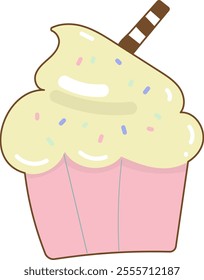 Cute cupcake isolated on transparent background.Kawaii pastel color cup cake birthday element clip art.Vector graphic icon.