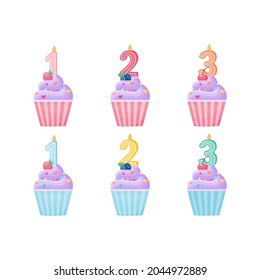 Cute cupcake of lilac color, in pink and blue. Number one, number two, number three. A set for postcards. Vector illustration isolated, on a white background