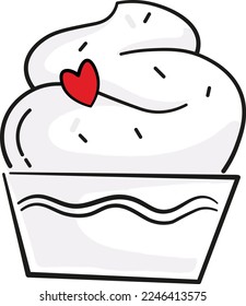 Cute cupcake line drawing with red hearts in frosting. Valentines day vector graphic.