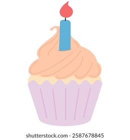 Cute cupcake with a lit candle and pastel frosting in a simple flat design for birthday celebrations