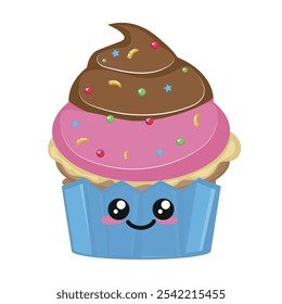 Cute cupcake with cute little face. Colorful candy in kawaii style. vector illustration with white background.