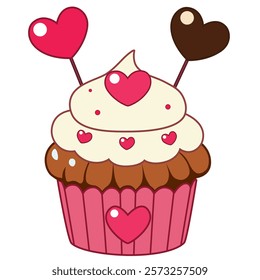 Cute cupcake with little hearts on top, cupcake of love for Valentine. Vector illustration on white background.