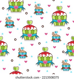 Cute cupcake love cartoon vector pattern background.