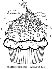 Cute Cupcake Lovely Vector Outline Illustration. Perfect for The Coloring Book or Page for Kids or Adults.