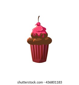 Cute Cupcake With Marashino Cherry Flat Vector Cute Girly Style Isolated Sticker On White Background