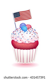 cute cupcake with marmalade crema sugar beads American flag independence day 4th of july greeting card poster banner USA patriotic isolated white background vector illustration stars stripes