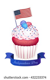 cute cupcake marmalade crema sugar beads American flag independence day 4th july greeting card poster banner USA patriotic design isolated on white background vector stars stripes sweetmeat ribbon