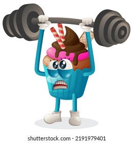 Cute cupcake mascot bodybuilding with barbell. Perfect for food store, small business or e-Commerce, merchandise and sticker, banner promotion, food review blog or vlog channel, food fans or community