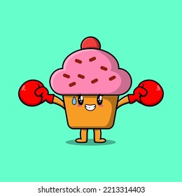 Cute Cupcake mascot cartoon playing sport with boxing gloves and cute stylish design